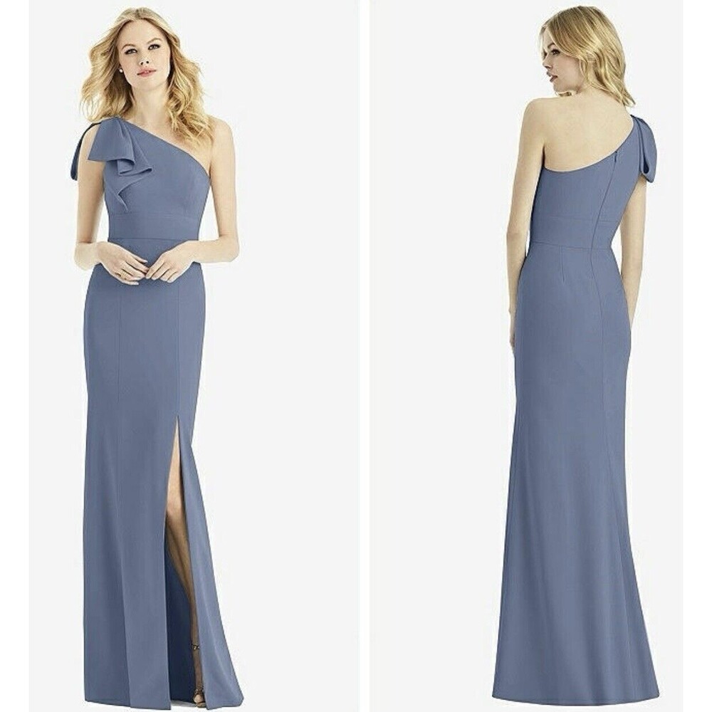 NWT AFTER SIX Size 2 Bowed One-Shoulder Crepe Trumpet Gown In Larkspur Blue